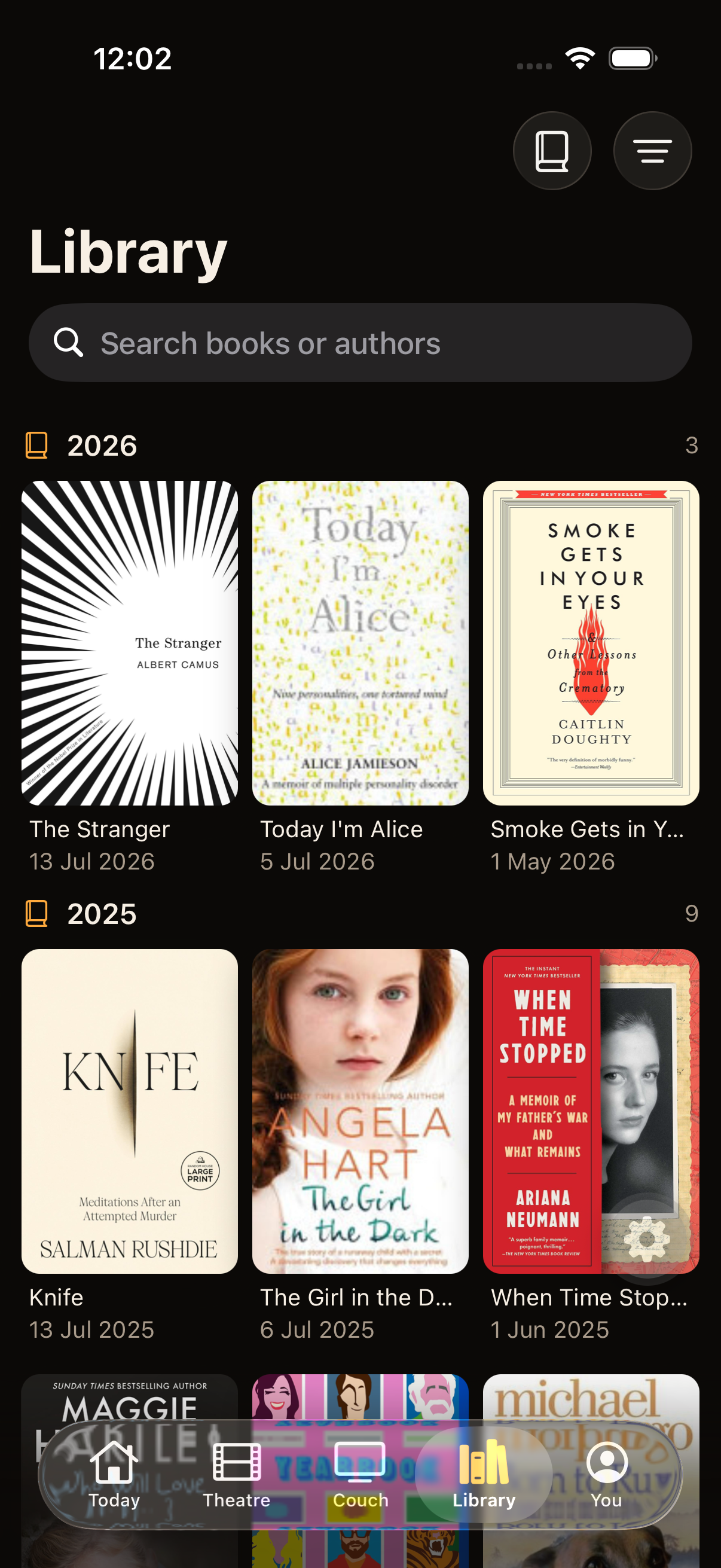 The Crestora Library showing book covers grouped by year